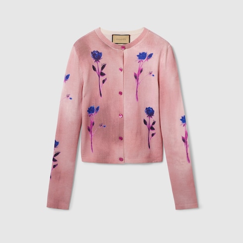 Floral print fine wool silk cardigan in pink GUCCI