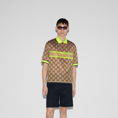 Polyester mesh GG print polo shirt in beige and ebony GUCCI AE