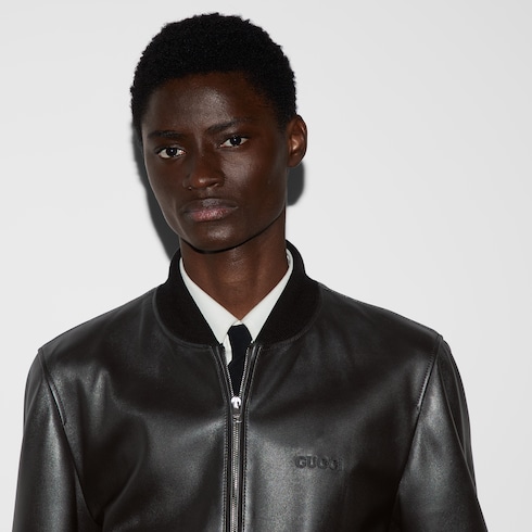 Leather bomber jacket with Web in Black Undefined GUCCI SI