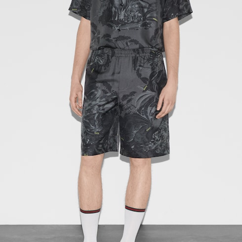 Gucci flora and fauna print silk shorts in grey GUCCI GR