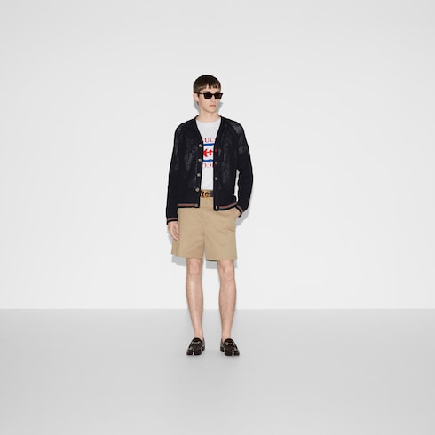 Cardigan in maglia di cotone ajour con nastro Web