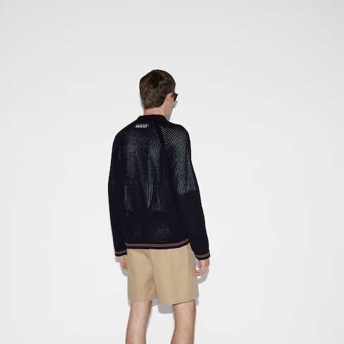 Cardigan in maglia di cotone ajour con nastro Web