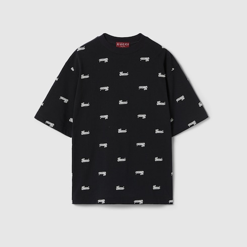 Cotton jersey T shirt with embroidery in black GUCCI NZ