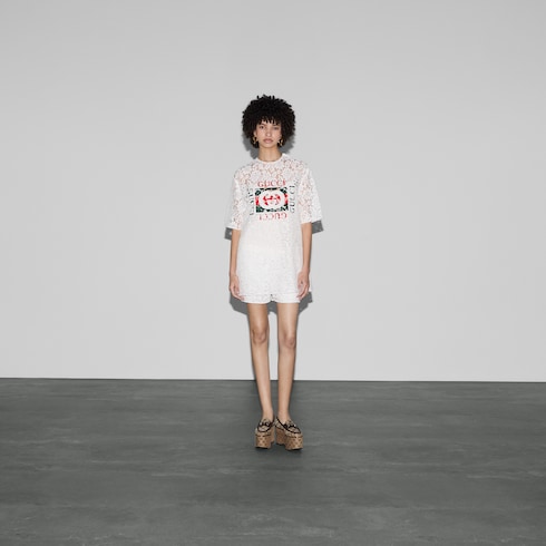 Maglia in pizzo di cotone floreale Gucci con stampa