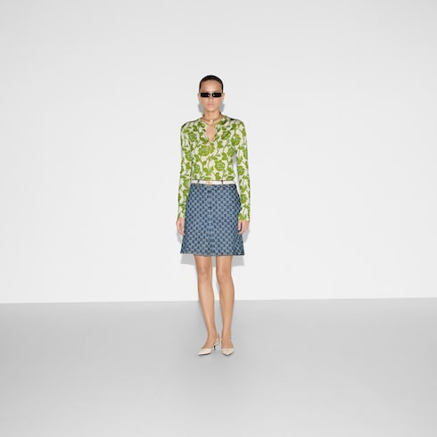 Floral print fine wool silk cardigan in green and ivory GUCCI