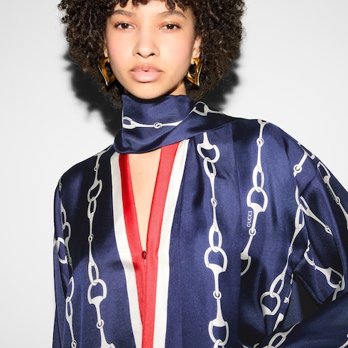 Horsebit print silk dress in blue and red GUCCI AE