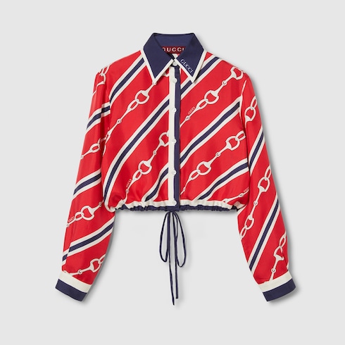 Camicia in seta con stampa Morsetto in rosso e blu GUCCI CH