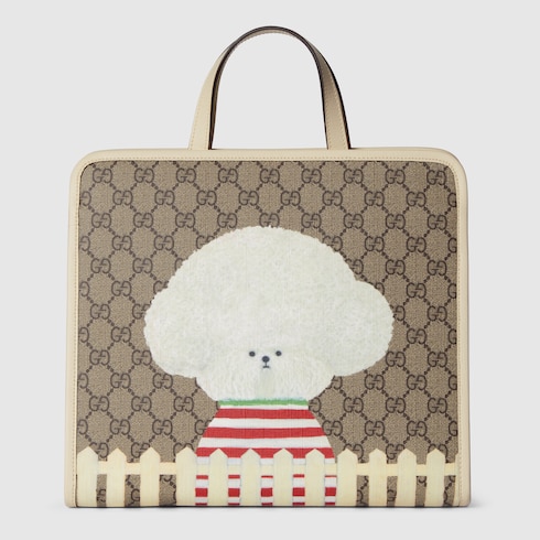 Children s dog print tote bag in beige and ebony GG Supreme GUCCI IE