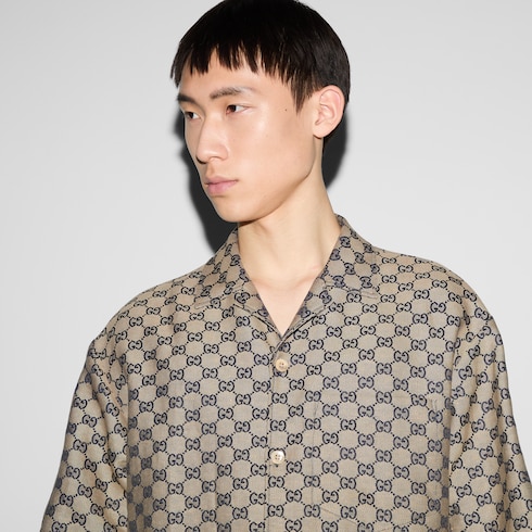 Camicia in tessuto di misto lino con motivo GG