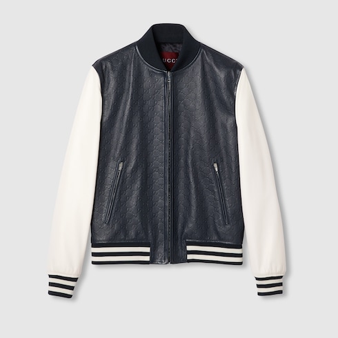 Embossed GG leather bomber jacket in blue GUCCI UK