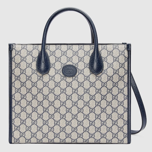 Small tote bag with Interlocking G in beige and blue GG Supreme