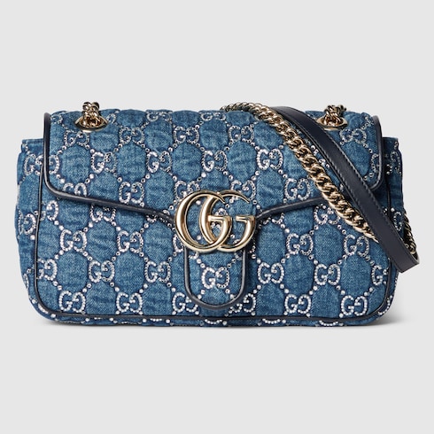 GG Marmont crystals medium shoulder bag in Blue Fabric