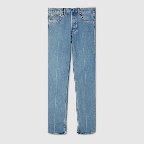 Pantalon en denim avec étiquette Gucci en bleu | GUCCI® FR