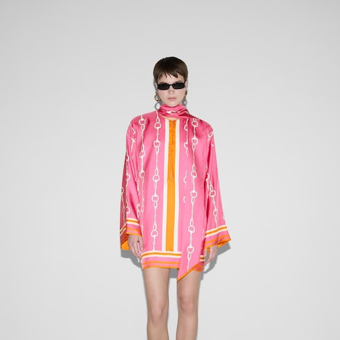 Horsebit print silk dress in fuchsia and orange GUCCI AE