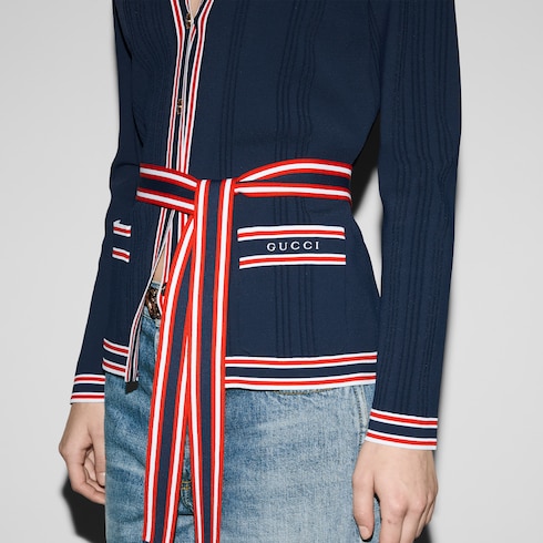 Cardigan con cintura annodabile e finiture a righe