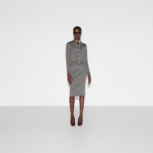 Wool jacquard cardigan with intarsia in grey | GUCCI® US Wool jacquard cardigan with intarsia in grey | GUCCI® US