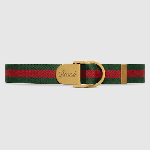 Web wide belt with Gucci script buckle in green and red canvas GUCCI SG