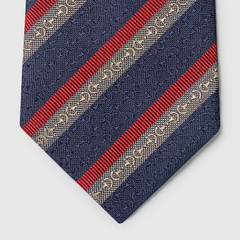 Horsebit striped silk jacquard tie in Blue Red Silk | GUCCI® SI