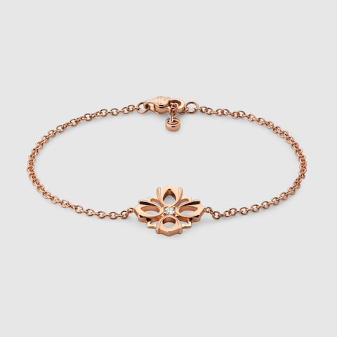 Gucci Flora系列玫瑰色18K金钻石手链