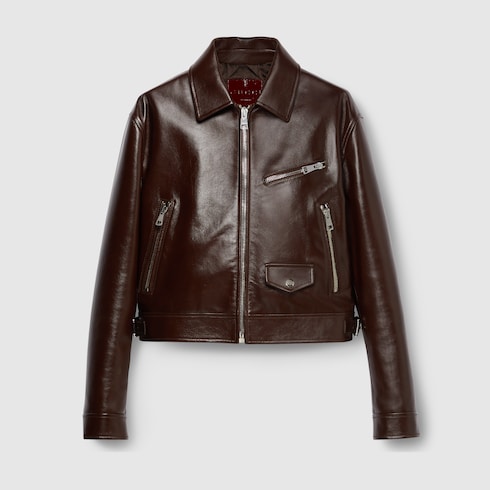 Leather biker jacket with debossing in brown | GUCCI® AE Leather biker jacket with debossing in brown | GUCCI® AE