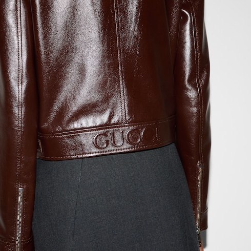 Leather biker jacket with debossing in brown GUCCI AE