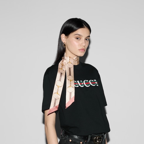 Nastro in seta stampata in rosa chiaro e rosa | GUCCI® IT