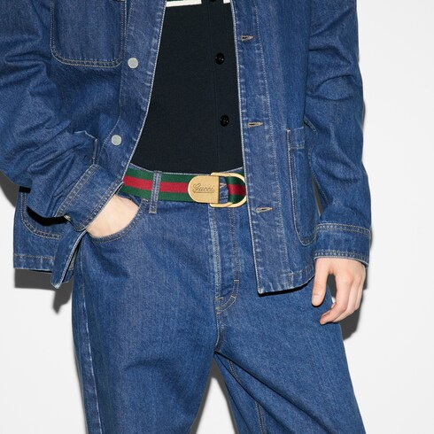 Web wide belt with Gucci script buckle in green and red canvas GUCCI AE