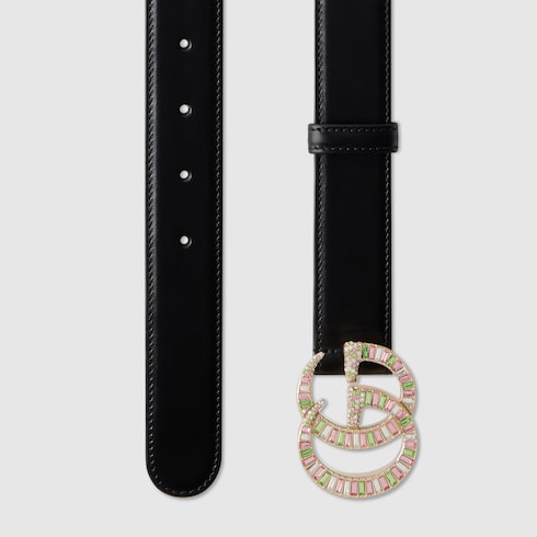 Gucci store Leather Belt with Crystal Double Buckle