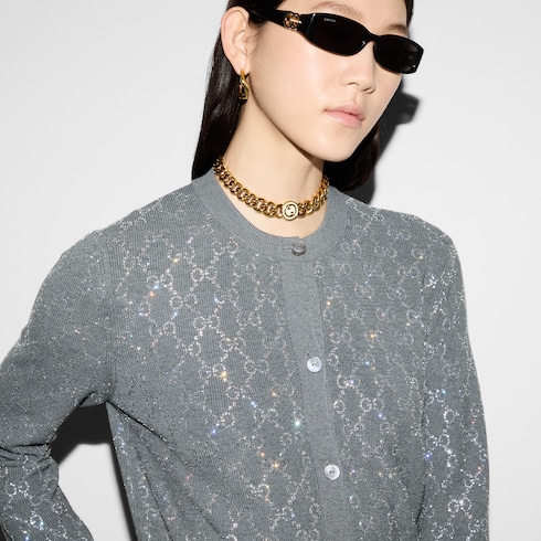 Wool cardigan with crystal embroidery in grey | GUCCI® SG