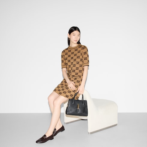 GG wool bouclé jacquard dress in camel and brown | GUCCI® US