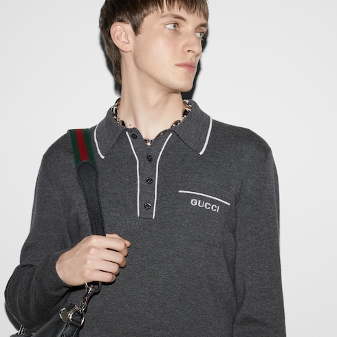 Polo a maniche lunghe in lana lavorata a maglia in grigio GUCCI Italia