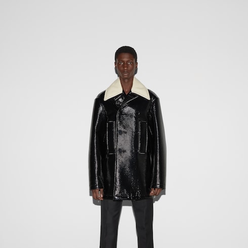 Lacquered wool coat in black GUCCI AE