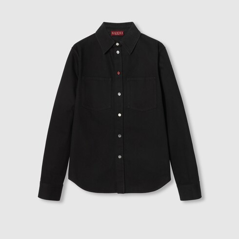 Denim shirt with Gucci embroidery in black | GUCCI® SG