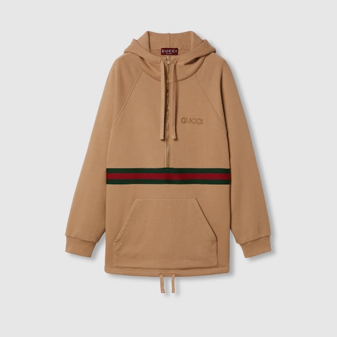 Cotton jersey hooded sweatshirt dress in light brown GUCCI SG