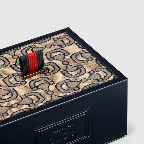 Horsebit jacquard box in dark blue and beige fabric | GUCCI® US