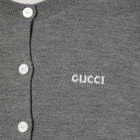 Wool jacquard cardigan with intarsia in grey | GUCCI® US Wool jacquard cardigan with intarsia in grey | GUCCI® US
