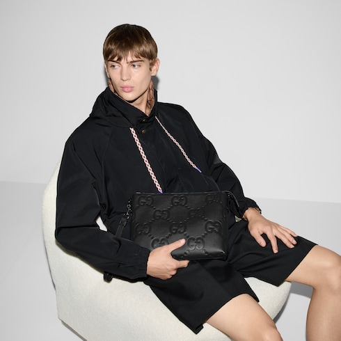 Jumbo GG medium messenger bag in black leather | GUCCI® US