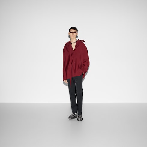 Oversized wool shirt with neck scarf in Rosso Ancora red