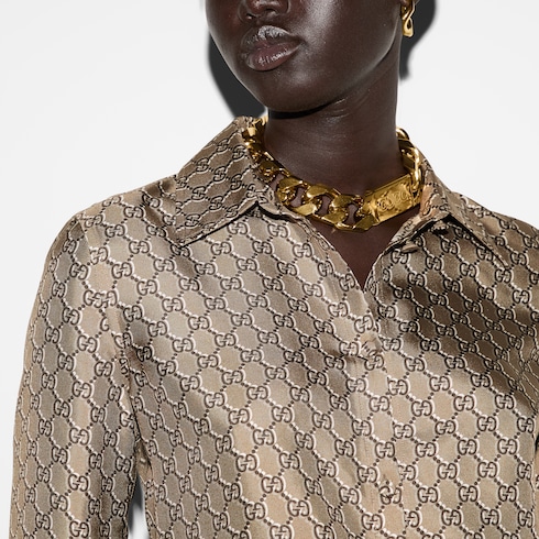 Silk shirt with GG Shadow in Beige Ready-to-wear | GUCCI® SI