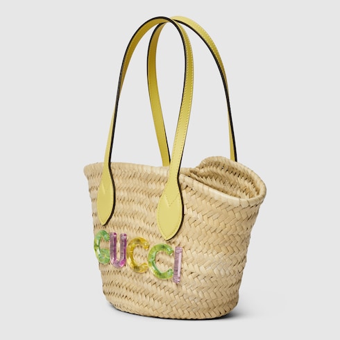 Mini straw tote with Gucci logo