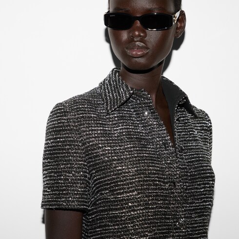 Short striped tweed lamé dress in black and silver | GUCCI® TH