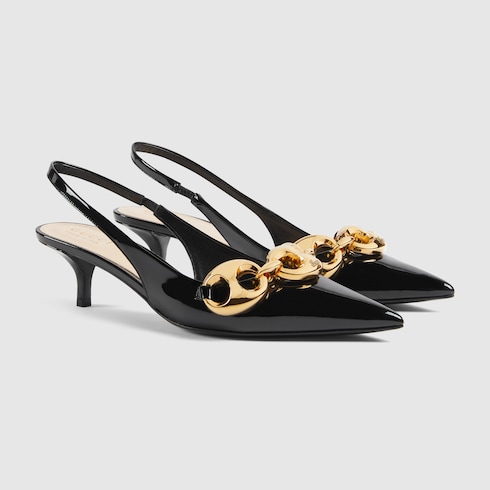 KW Women s slingback with Gucci Marina Chain in black patent leather