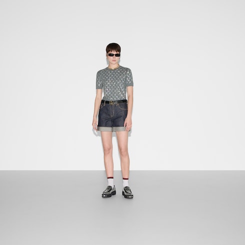 Wool top with crystal embroidery in grey | GUCCI® SG Wool top with crystal embroidery in grey | GUCCI® SG