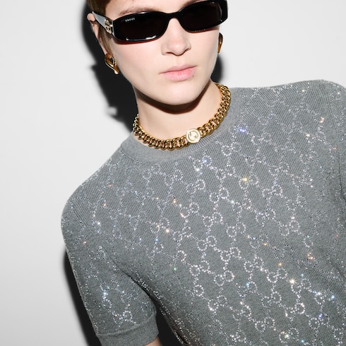 Wool top with crystal embroidery in grey | GUCCI® SG Wool top with crystal embroidery in grey | GUCCI® SG