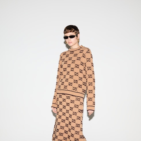 GG wool bouclé jacquard sweater in camel and brown | GUCCI® FI