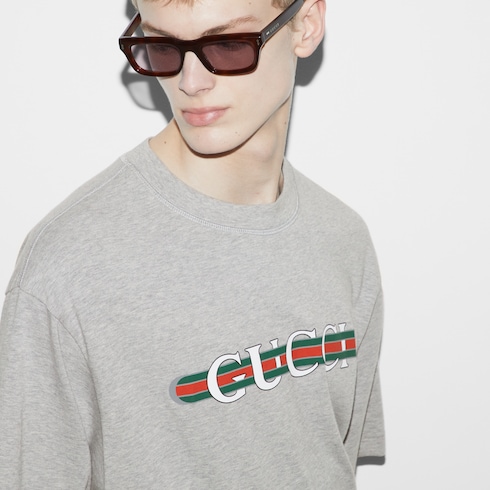 Printed cotton jersey T-shirt in grey | GUCCI® US