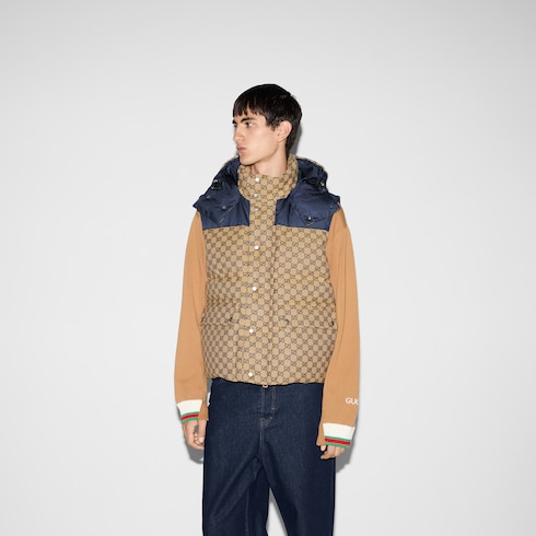 GG canvas down vest with detachable hood in beige and blue GUCCI Canada