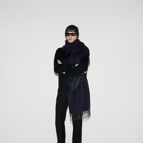 Fular de cashmere de lana con logo Gucci en azul marino y verde oscuro GUCCI ES