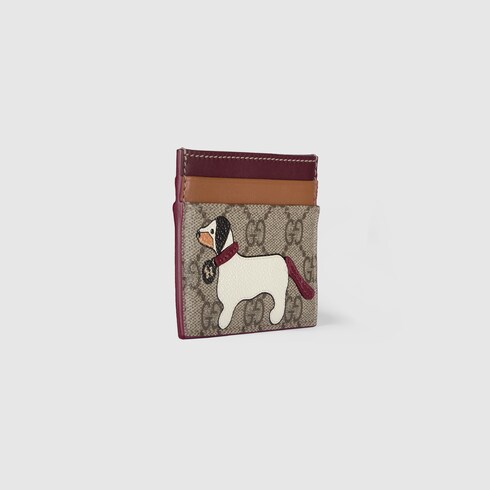 Bi color GG card case with dog detail in beige and dark brown fabric GUCCI AE