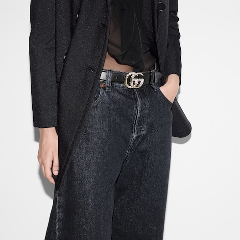 GG Marmont thin belt with beading in black leather | GUCCI® US